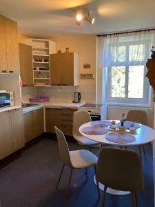 una cucina con tavolo e sedie in una cucina di Kořenov byt Alda a Kořenov