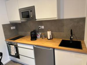 a kitchen with a counter top with a sink and a microwave at Logust in Champdôtre
