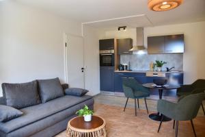 a living room with a couch and a kitchen at Hotel Sonnengarten Apartments in Überlingen +25 photos