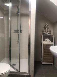 a bathroom with a shower and a toilet and a sink at VUT Rural 2 in Arzúa