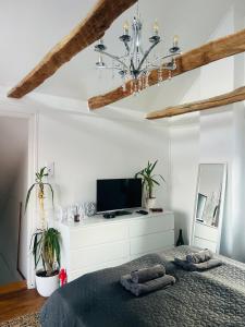 a bedroom with a bed with a television and a chandelier at Panoráma Vendégház Dunabogdány in Dunabogdány