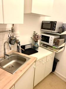 a kitchen with a sink and a microwave at Full house Canal Saint-Martin in Paris +8 photos