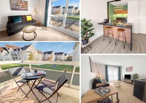 a collage of pictures of a living room and a kitchen at Studio Wi-Fi et balcon, très bien situé in Margny-lès-Compiègne