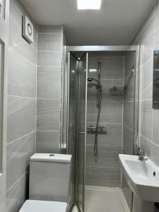 a bathroom with a shower and a toilet and a sink at Snow hill rooms in Birmingham