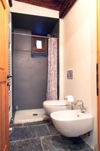 a bathroom with a sink and a toilet and a shower at Antica Casa Rivoira Ciliegio in Masera