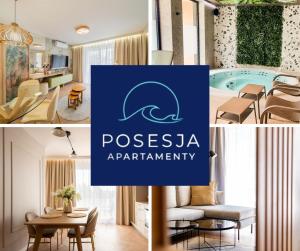 a collage of photos with a sign that reads possesta apartmentery at POSESJA APARTAMENTY & SPA - Posesja Plażowa 4a I in Grzybowo