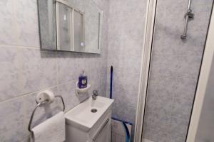 een badkamer met een toilet, een wastafel en een spiegel bij Tanja in Banja Luka