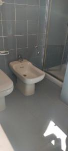 a bathroom with a sink and a toilet and a shower at Appartamento Venezia in Varese