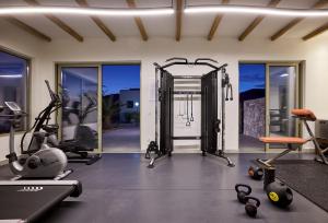 a gym with several treadmills and exercise equipment at Hotel Milos Sea Resort in Adamantas