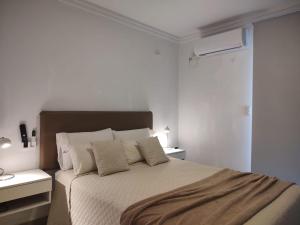 een witte slaapkamer met een groot bed met kussens bij 3 Personas - Balcon, Wifi & Cafe in Santiago del Estero