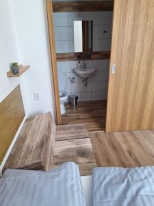 a bathroom with a toilet and a sink in a room at BUBO Penzion & Restaurant in Moravany +61 photos