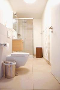 a white bathroom with a toilet and a shower at Cozy Stylish Studio near Luxembourg City Centre in Luxembourg