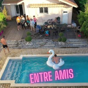 a group of people standing around a swimming pool with a swan at Ateka Dax in Dax