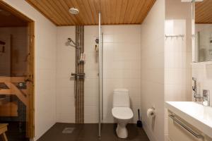 a bathroom with a toilet and a shower at Transit Rooms & Sauna Airport Hostel in Vantaa