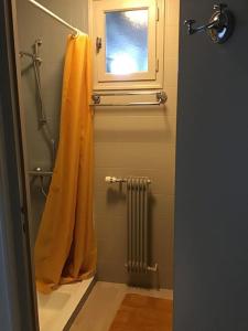 a bathroom with a shower curtain and a window at Le Gîte de Mellonia - 7 chambres in Pouzauges