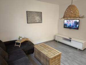 a living room with a couch and a tv at T2 Moderne Centre Ville in Le Havre