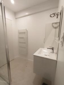 a white bathroom with a sink and a shower at Gîtes Le Meslaysien in Meslay-du-Maine
