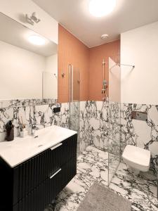 a bathroom with a sink and a toilet at Elegant Apartment in the City Center in Wrocław