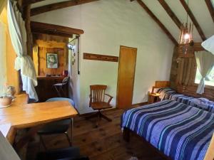 ein Schlafzimmer mit einem Bett, einem Schreibtisch und einem Tisch in der Unterkunft Posada Boutique- Casa de Campo Arroyo Huirihuiri in Aluminé