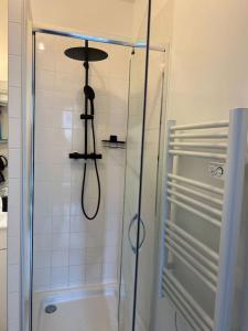 une douche avec une porte vitrée dans une salle de bain dans l'établissement Appartement Le Petit Galet, au Havre