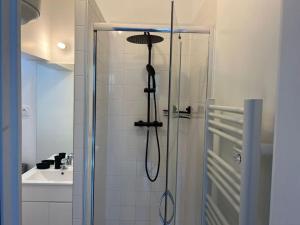 une douche avec pommeau de douche dans une salle de bain dans l'établissement Appartement Le Petit Galet, au Havre 42 autres photos