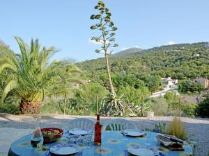 a table with a bottle of wine and a bowl of fruit at Spacious holiday home by the river in Le Boulou