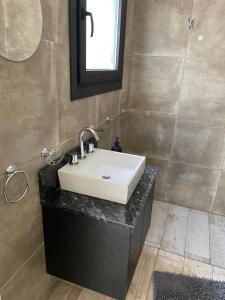 a bathroom with a white sink and a mirror at Cabaña Panpachay Villa Giardino in Villa Giardino