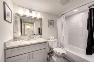 a bathroom with a toilet and a sink and a mirror at Midtown Comfort near NRG and Med Center in Houston +32 photos