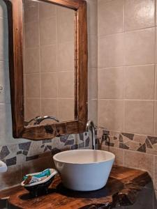 a bathroom with a sink and a mirror at Posada Quellen in Villa General Belgrano +73 photos