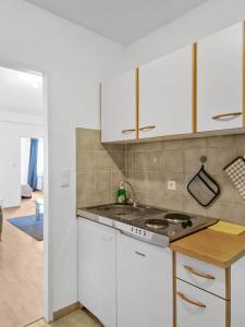 una cucina con armadi bianchi e piano cottura di Central Stockerau View 2 BR for 4 a Stockerau Altre 7 foto
