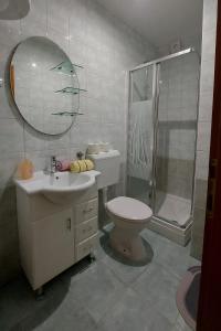 une salle de bain avec toilettes, lavabo et douche dans l'établissement Apartments by the sea Mandre, Pag - 6507, à Kolan