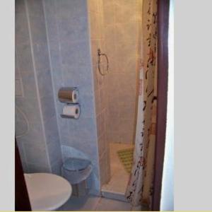 a small bathroom with a toilet and a shower at Bungalovy Tatranec in Tatranská Lomnica