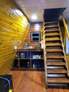 a staircase in a room with a wooden wall at Chalé das Princesas in Campos do Jordão