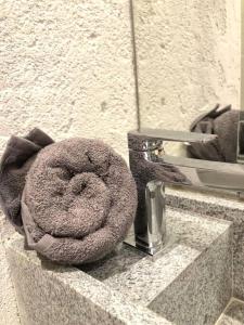 a towel sitting on a counter next to a sink at Recanto dos Coqueirais in São Miguel dos Milagres