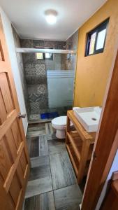 une salle de bain avec toilettes, lavabo et douche dans l'établissement Cabaña cerca de la naturaleza, a 20min de Valle, à Valle de Bravo