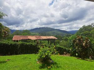 einen Garten mit einem Pavillon auf einem Feld in der Unterkunft Hospedaje Luis & Ana in Pejibaye