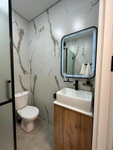un bagno con un water, un lavandino e uno specchio di ЖК Керуен Сарай 4 a Türkistan Altre 15 foto