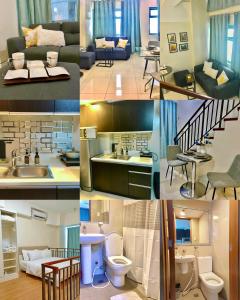 een collage van vier foto's van een badkamer bij One Bedroom Loft in the heart of Greenbelt Makati in Manilla +10 foto's