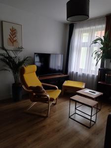 トルンにあるApartament KO-Piernika w samym sercu Torunia :)のリビングルーム(黄色い椅子、テーブル付)