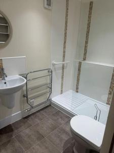a bathroom with a shower and a toilet and a sink at Parr Cottage at Snape Castle Mews in Bedale