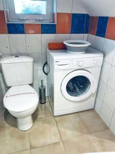 a bathroom with a toilet and a washing machine at Къща за гости Василеви in Bratsigovo +43 photos