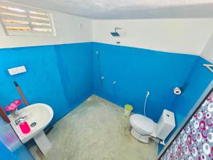 a blue bathroom with a toilet and a sink at Newton House in Hiriketiya +43 photos