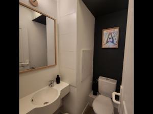 a bathroom with a sink and a toilet and a mirror at La Roche Noire - Ski au pied de l'immeuble in Valmeinier +5 photos