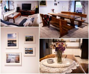 a collage of pictures of a living room with a table at Dom Góra na Mazurach Balia z jacuzzi in Góra