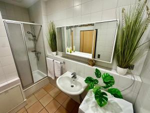 un bagno con lavandino, doccia e specchio di muchhome LUXURY APARTMENTS - MuchLoft - Vintage Loft in Bad Tölz mit Freizeitlounge a Bad Tölz
