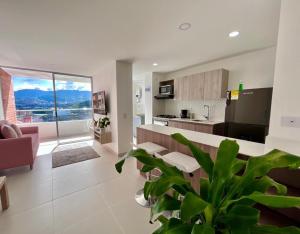 a kitchen and living room with a large plant at Hermoso apto en poblado con piscina in Medellín +11 photos