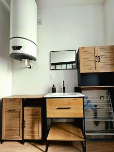 a kitchen with a sink and wooden cabinets at La Perle Bleue in Compiègne