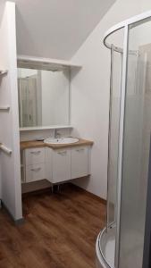 a white bathroom with a sink and a shower at Ludogîte Graine de Jeux in Espaly-Saint-Marcel