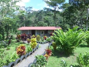 un jardín con un pequeño edificio en el fondo en Nacientes Lodge, en Bijagua