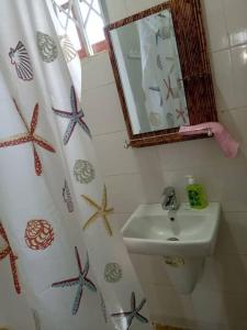 a bathroom with a sink and a shower curtain with starfish at Alpha Rooms Single Bedroom Gome Fortress Business Center Dansoman Accra in Accra